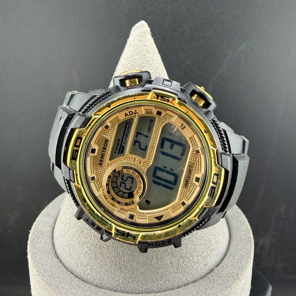 Armitron‎ Digital Watch Black Gold Chronograph Sport Mens 7 Inch 28937